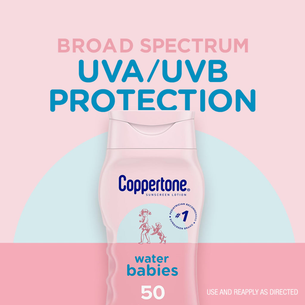Coppertone WaterBabies Baby Sunscreen Lotion SPF 50, Hypoallergenic Sunscreen for Babies, Water Resistant, Pediatrician Recommended, 8 Fl Oz Bottle